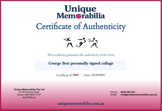 Certificate of Authenticity for a George Best personally signed collage from Unique Memorabilia.