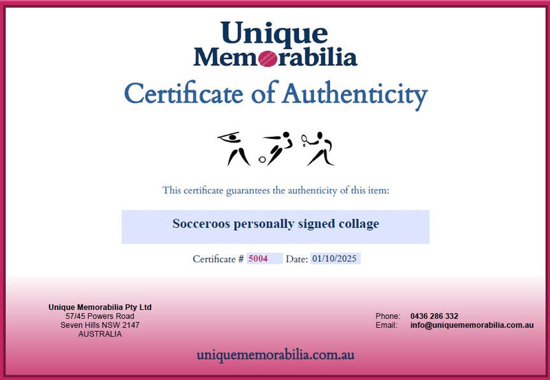 Load image into Gallery viewer, Certificate of Authenticity for Socceroos Personally Signed Collage, from Unique Memorabilia. 
