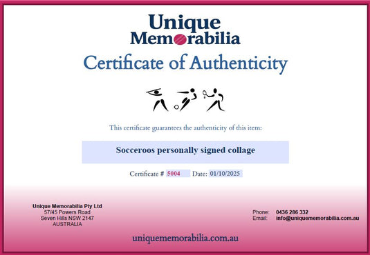 Certificate of Authenticity for Socceroos Personally Signed Collage, from Unique Memorabilia. 