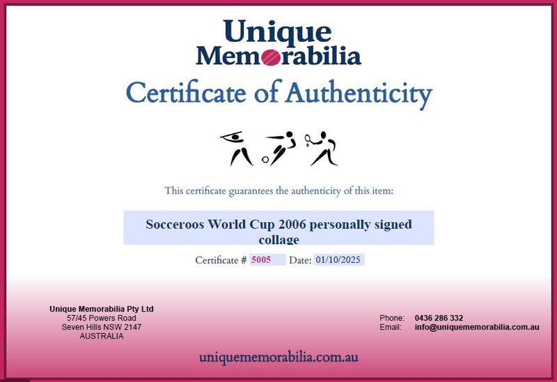 Load image into Gallery viewer, Certificate of Authenticity for Socceroos 2006 World Cup Signed Shirt, from Unique Memorabilia. 
