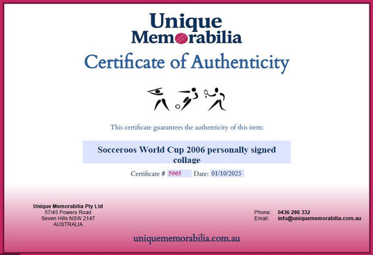 Certificate of Authenticity for Socceroos 2006 World Cup Signed Shirt, from Unique Memorabilia. 