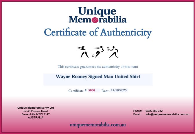 Load image into Gallery viewer, Certificate of Authenticity for Wayne Rooney Personally Signed Manchester United Shirt, from Unique Memorabilia. 
