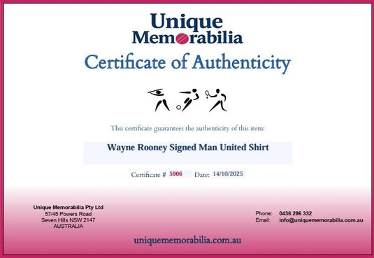 Certificate of Authenticity for Wayne Rooney Personally Signed Manchester United Shirt, from Unique Memorabilia. 