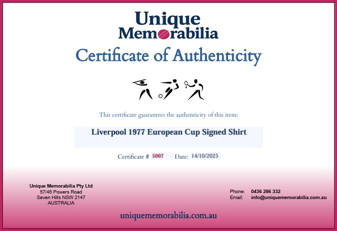 Load image into Gallery viewer, Certificate of Authenticity for Liverpool 1977 European Cup Winners Signed Shirt, from Unique Memorabilia. 

