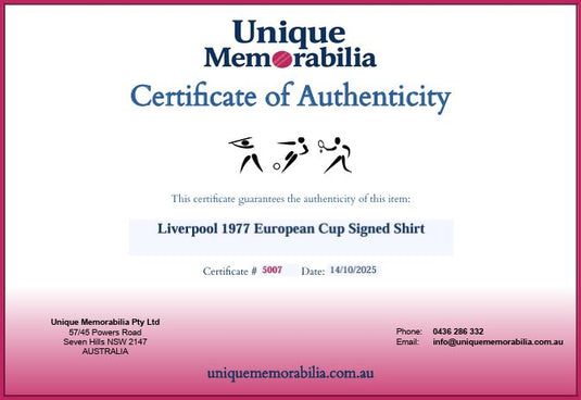 Certificate of Authenticity for Liverpool 1977 European Cup Winners Signed Shirt, from Unique Memorabilia. 