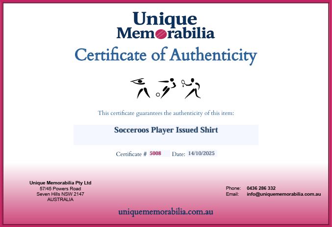 Load image into Gallery viewer, Certificate of Authenticity for Socceroos 1999 Player Issued Shirt #12, from Unique Memorabilia. 
