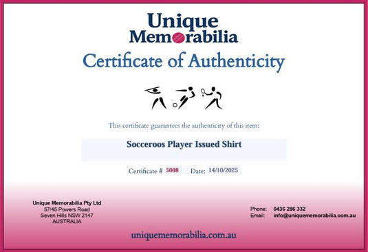 Certificate of Authenticity for Socceroos 1999 Player Issued Shirt