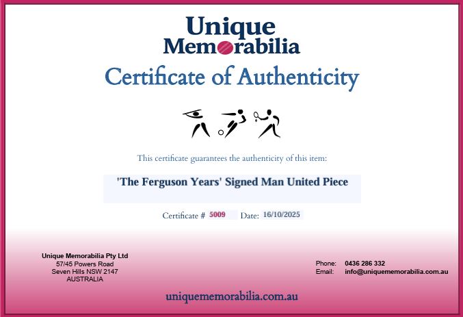 Load image into Gallery viewer, Certificate of Authenticity for &#39;The Ferguson Years&#39; Manchester United Signed Collage, from Unique Memorabilia. 
