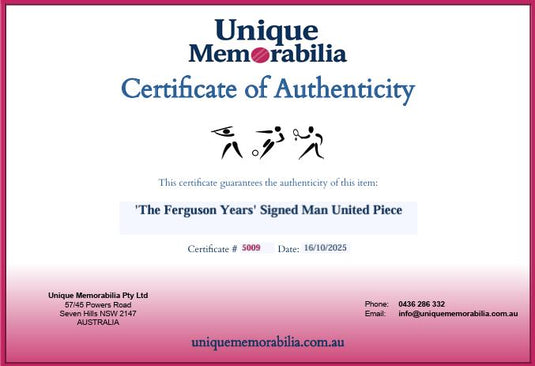 Certificate of Authenticity for 'The Ferguson Years' Manchester United Signed Collage, from Unique Memorabilia. 