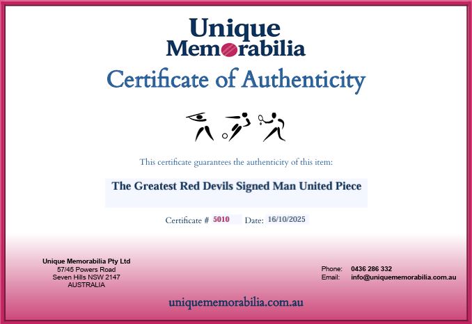 Load image into Gallery viewer, Certificate of Authenticity for &#39;The Greatest Red Devils&#39; Signed by Cantona, Best and Beckham! From Unique Memorabilia. 
