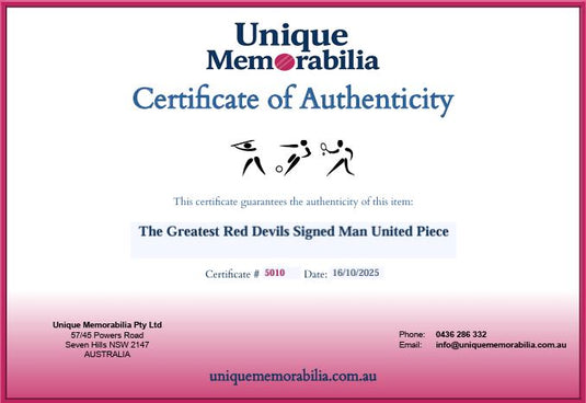 Certificate of Authenticity for 'The Greatest Red Devils' Signed by Cantona, Best and Beckham! From Unique Memorabilia. 