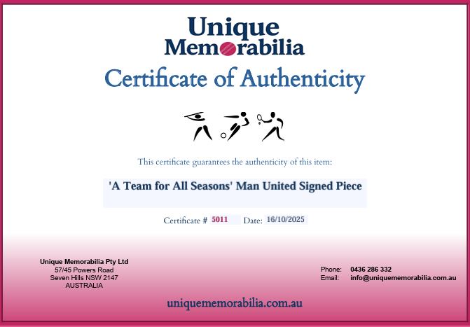 Load image into Gallery viewer, Certificate of Authenticity for &#39;A Team for All Seasons&#39; Man United Signed Piece, from Unique Memorabilia. 

