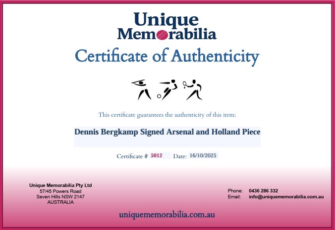 Load image into Gallery viewer, Certificate of Authenticity for Dennis Bergkamp Personally Signed Arsenal and Holland Piece, from Unique Memorabilia. 
