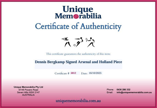 Certificate of Authenticity for Dennis Bergkamp Personally Signed Arsenal and Holland Piece, from Unique Memorabilia. 