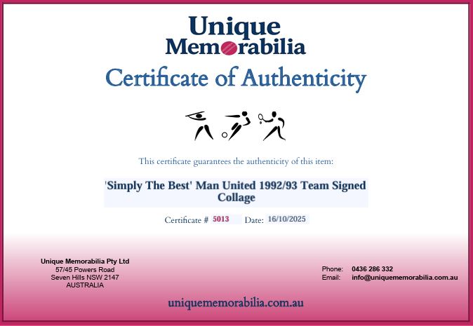 Load image into Gallery viewer, Certificate of Authenticity for Manchester United &#39;Simply The Best&#39; 1992/93 Signed Piece, from Unique Memorabilia. 
