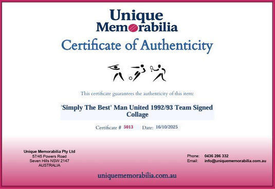 Certificate of Authenticity for Manchester United 'Simply The Best' 1992/93 Signed Piece, from Unique Memorabilia. 