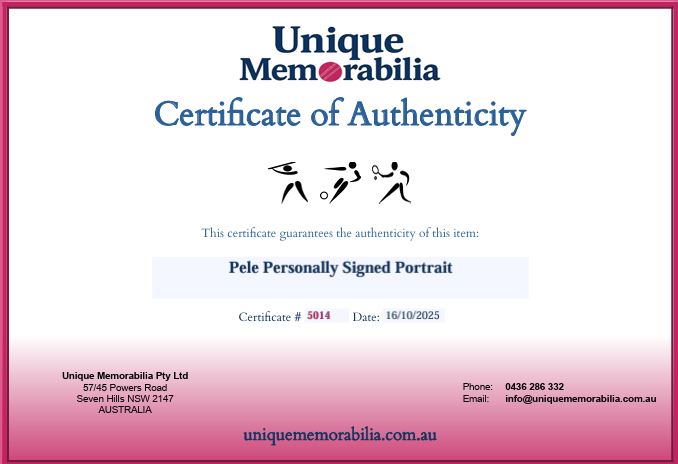 Load image into Gallery viewer, Certificate of Authenticity for Pele &#39;Icon&#39; Personally Signed Portrait, from Unique Memorabilia. 
