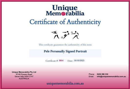 Certificate of Authenticity for Pele 'Icon' Personally Signed Portrait, from Unique Memorabilia. 