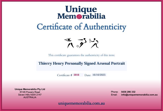 Load image into Gallery viewer, Certificate of Authenticity for Thierry Henry Personally Signed Portrait, from Unique Memorabilia. 
