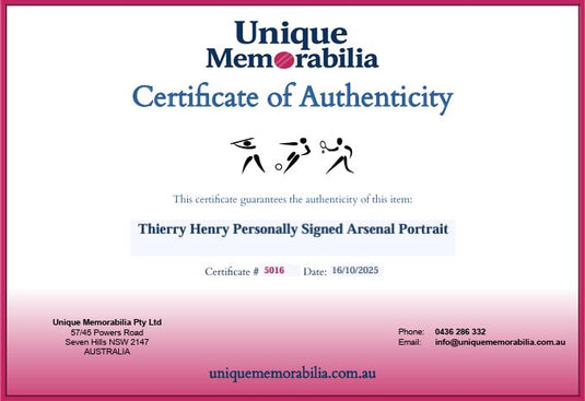 Certificate of Authenticity for Thierry Henry Personally Signed Portrait, from Unique Memorabilia. 