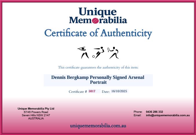 Load image into Gallery viewer, Certificate of Authenticity for Dennis Bergkamp Personally Signed Portrait, from Unique Memorabilia!
