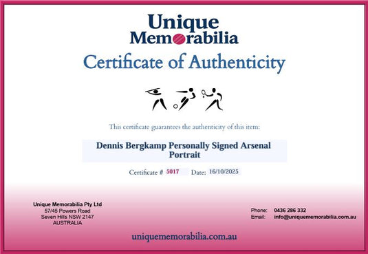 Certificate of Authenticity for Dennis Bergkamp Personally Signed Portrait, from Unique Memorabilia!
