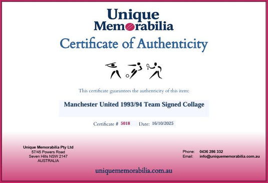 Certificate of Authenticity for Manchester United 1993/94 Team Signed Collage, from Unique Memorabilia.