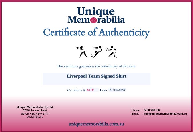 Load image into Gallery viewer, Certificate of Authenticity for Liverpool Team Signed Jersey incl. Gerrard, Kuyt and More! From Unique Memorabilia. 
