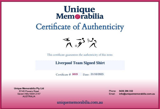 Certificate of Authenticity for Liverpool Team Signed Jersey incl. Gerrard, Kuyt and More! From Unique Memorabilia. 