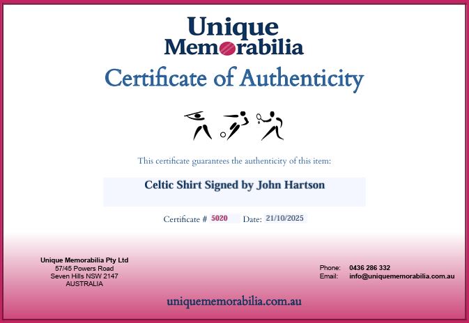 Load image into Gallery viewer, Certificate of Authenticity for John Hartson Personally Signed Celtic Jersey, from Unique Memorabilia. 
