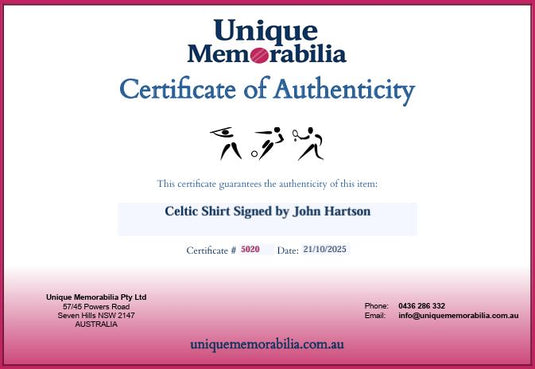 Certificate of Authenticity for John Hartson Personally Signed Celtic Jersey, from Unique Memorabilia. 