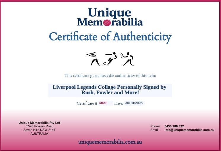 Load image into Gallery viewer, Certificate of Authenticity for Liverpool Legends Collage Personally Signed by Rush, Fowler and More! From Unique Memorabilia. 
