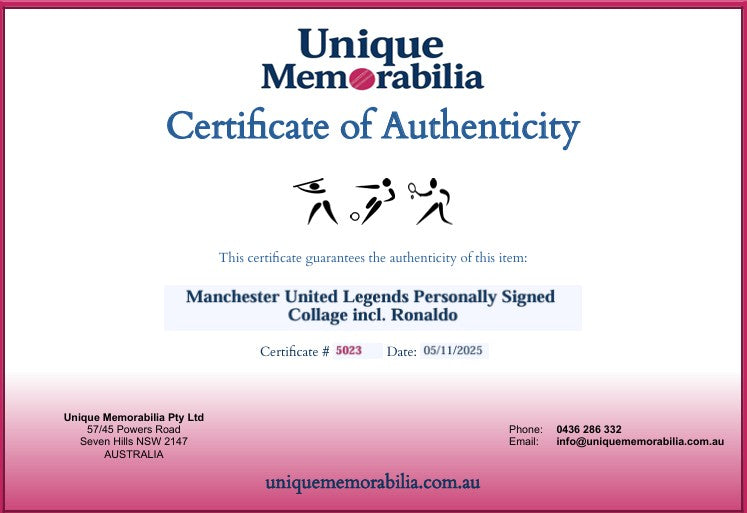 Load image into Gallery viewer, Certificate of Authenticity for Manchester United Legends Personally Signed Collage incl. Ronaldo, from Unique Memorabilia. 
