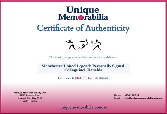 Certificate of Authenticity for Manchester United Legends Personally Signed Collage incl. Ronaldo, from Unique Memorabilia. 