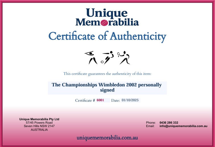 Load image into Gallery viewer, Certificate of Authenticity for The Championships Wimbledon 2002 personally signed collectible, from Unique Memorabilia. 
