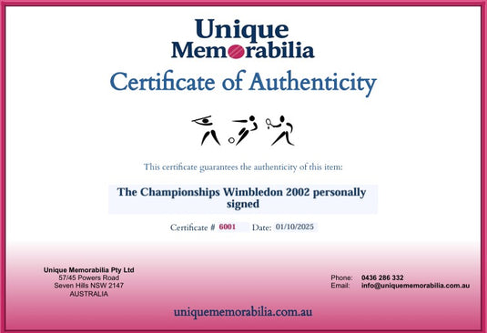 Certificate of Authenticity for The Championships Wimbledon 2002 personally signed collectible, from Unique Memorabilia. 