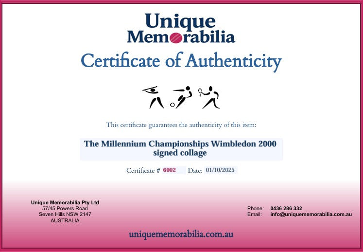Load image into Gallery viewer, Certificate of Authenticity for a Wimbledon 2000 signed collage by Agassi, Sampras and more! From Unique Memorabilia.
