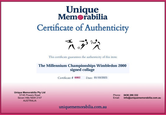 Certificate of Authenticity for a Wimbledon 2000 signed collage by Agassi, Sampras and more! From Unique Memorabilia.