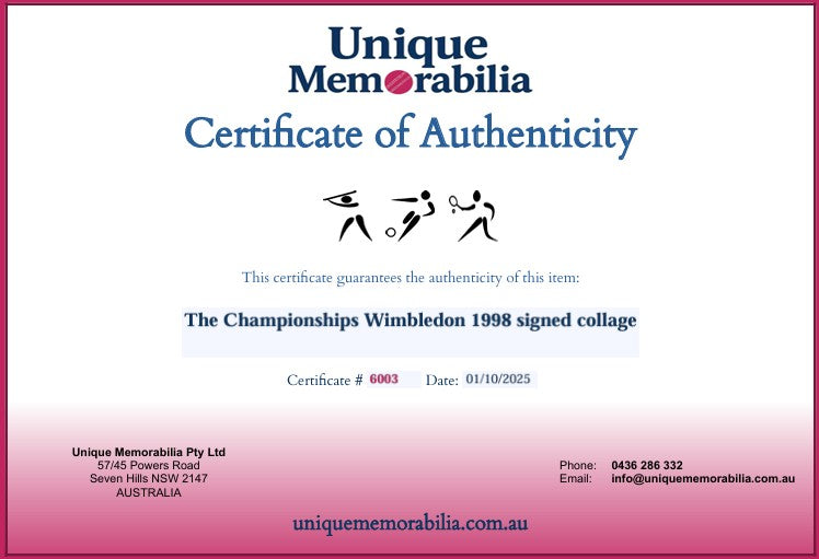 Load image into Gallery viewer, Certificate of Authenticity for a signed collage from Wimbledon 1998 by Unique Memorabilia.
