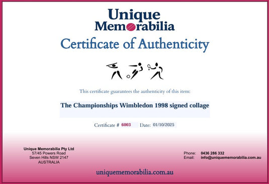 Certificate of Authenticity for a signed collage from Wimbledon 1998 by Unique Memorabilia.