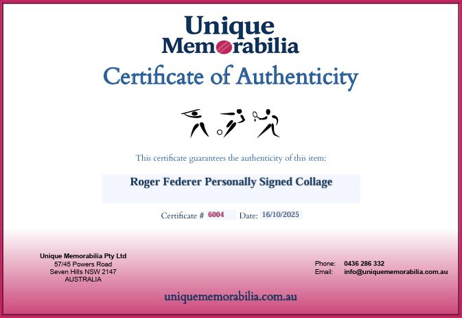 Load image into Gallery viewer, Certificate of Authenticity for a Roger Federer Personally Signed Collage by Unique Memorabilia.
