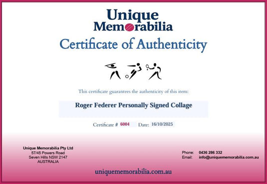 Certificate of Authenticity for a Roger Federer Personally Signed Collage by Unique Memorabilia.