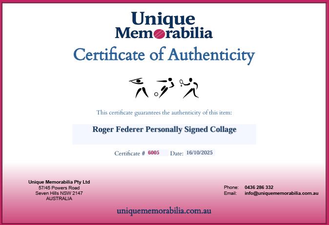 Load image into Gallery viewer, Certificate of Authenticity for Roger Federer Personally Signed Wimbledon Champion Collage, from Unique Memorabilia. 
