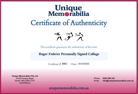 Certificate of Authenticity for Roger Federer Personally Signed Wimbledon Champion Collage, from Unique Memorabilia. 