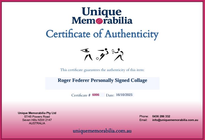 Load image into Gallery viewer, Certificate of Authenticity for Roger Federer Personally Signed Celebratory Collage, from Unique Memorabilia. 
