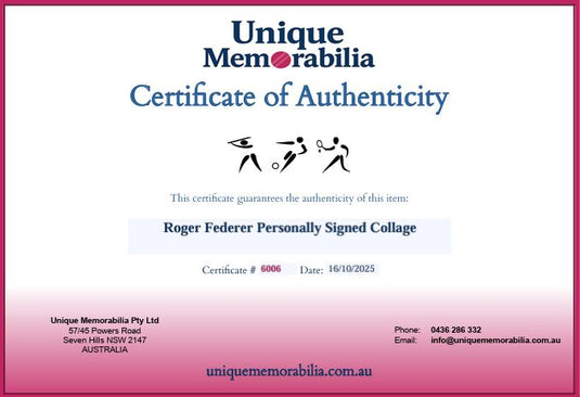 Certificate of Authenticity for Roger Federer Personally Signed Celebratory Collage, from Unique Memorabilia. 