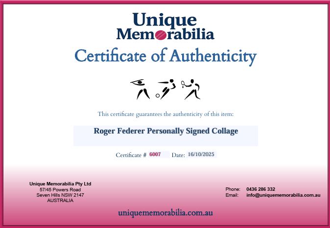 Load image into Gallery viewer, Certificate of Authenticity for Roger Federer &#39;Decade of Dominance&#39; Personally Signed Collage, from Unique Memorabilia. 
