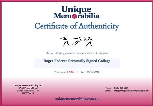 Certificate of Authenticity for Roger Federer 'Decade of Dominance' Personally Signed Collage, from Unique Memorabilia. 