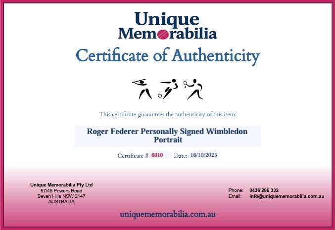 Load image into Gallery viewer, Certificate of Authenticity for Roger Federer Wimbledon Victory Signed Portrait, from Unique Memorabilia. 
