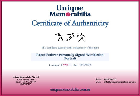 Certificate of Authenticity for Roger Federer Wimbledon Victory Signed Portrait, from Unique Memorabilia. 